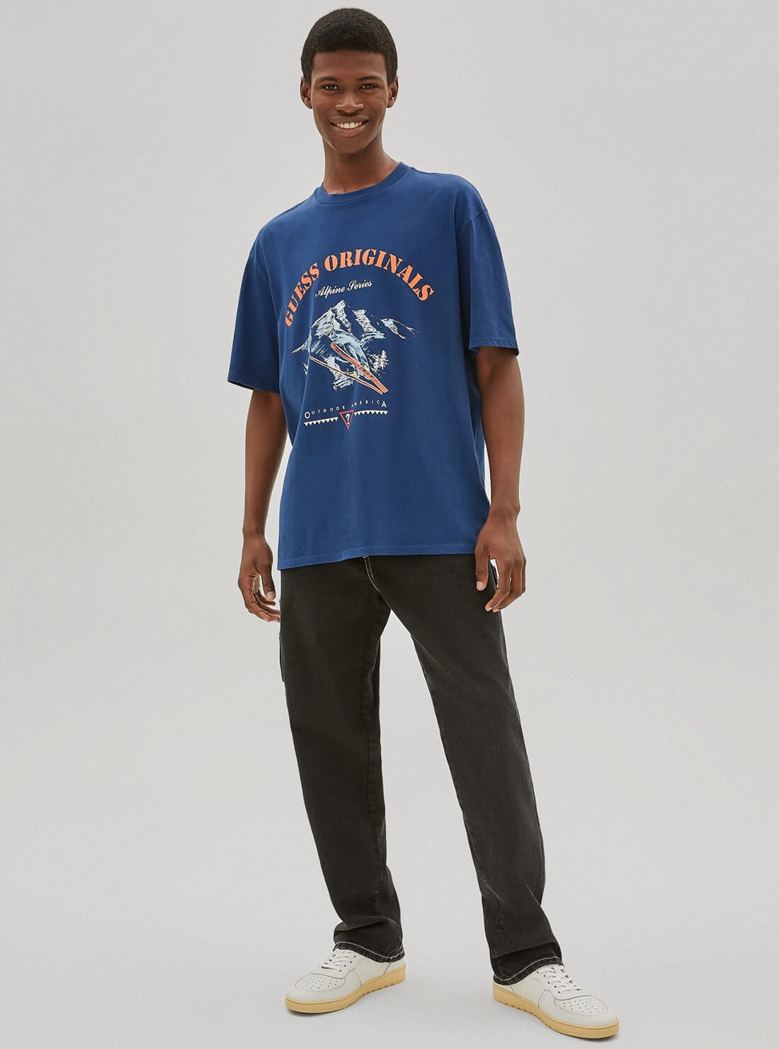 GUESS Mens GUESS Originals Blue Alpine Vintage T-Shirt M1RP00K9Y42 Model Full View