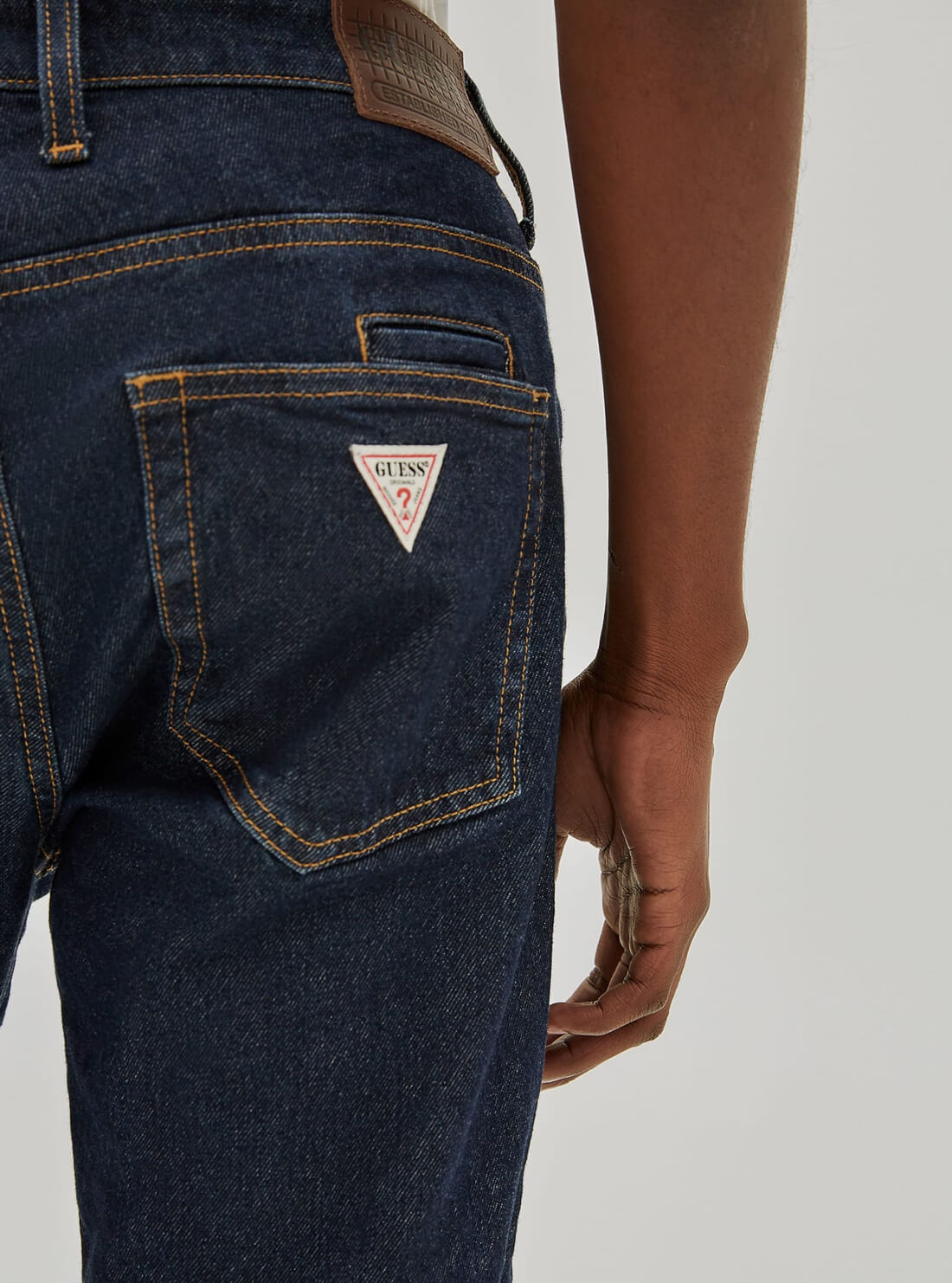GUESS Mens GUESS Originals Mid-Rise Slim Fit Straight Leg Denim Jeans in Dark Wash M1RG33D49T5 Detail View