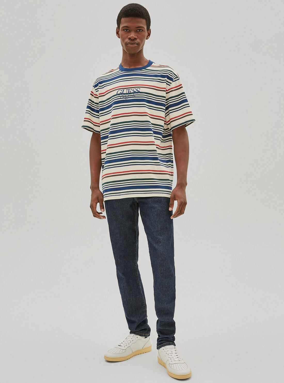 GUESS Mens GUESS Originals Orange Blue Shane Striped T-Shirt M1RP00KAAU1 Full View