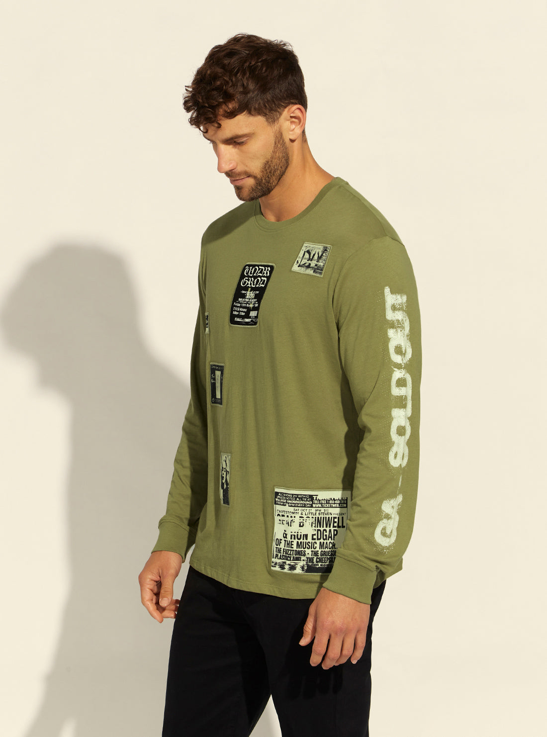 GUESS Mens Green Multi Grunge Applique T-Shirt MBRI25KAQD1 Side View