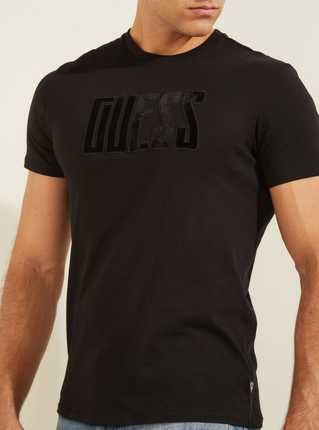GUESS Mens Eco Black Velvet Applique Logo T-Shirt MBRI25KAVR5 Detail View