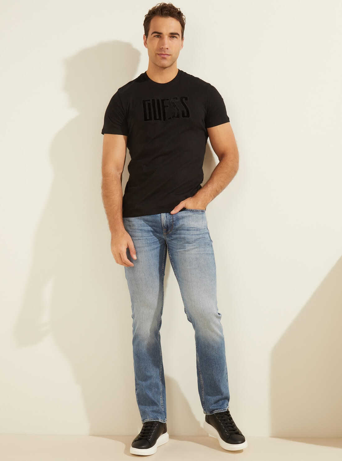 GUESS Mens Eco Black Velvet Applique Logo T-Shirt MBRI25KAVR5 Full View