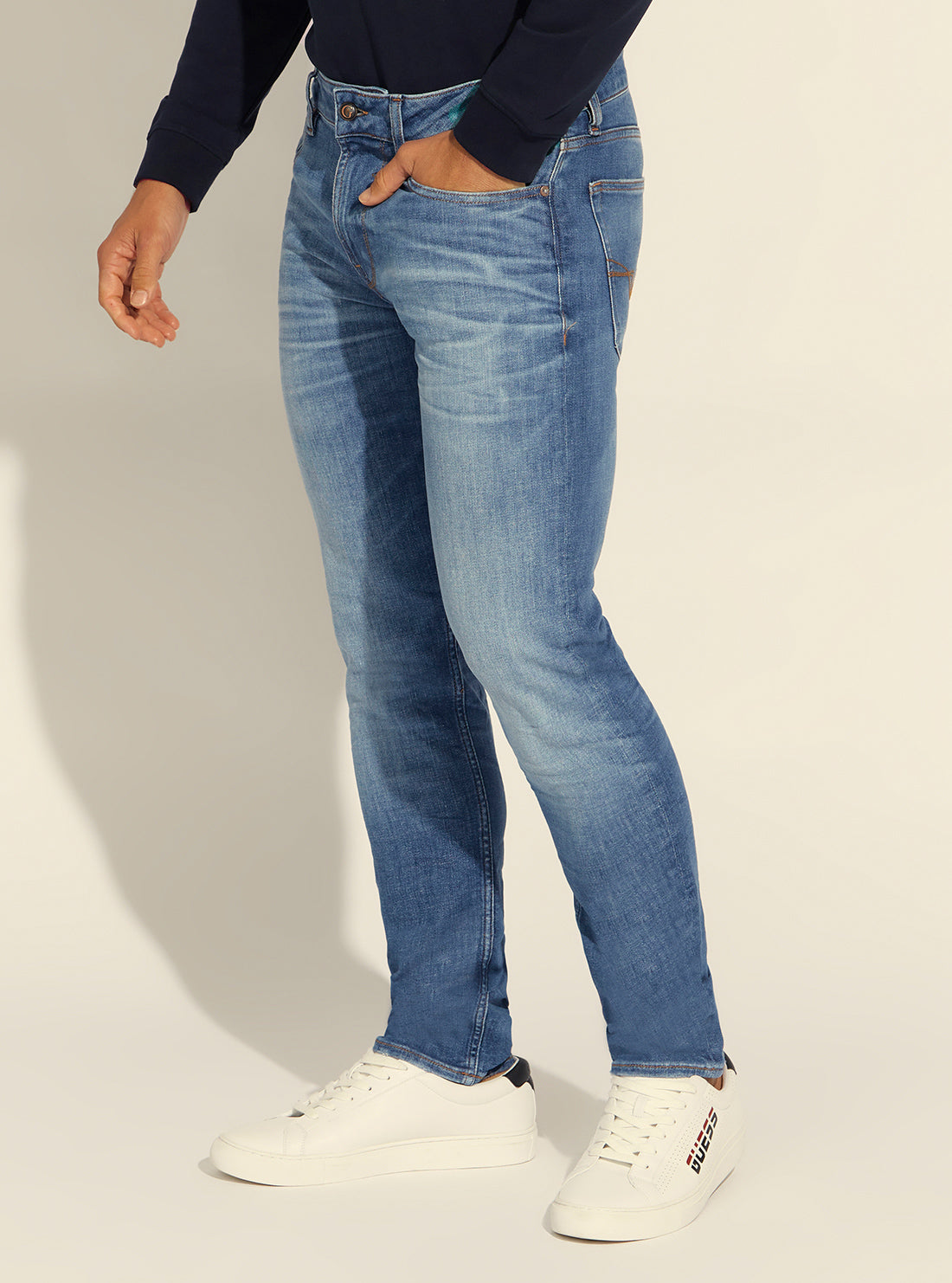 GUESS Mens Mid-Rise Slim Tapered Denim Jeans in Mayport Wash M2RAS2D46AE Side View