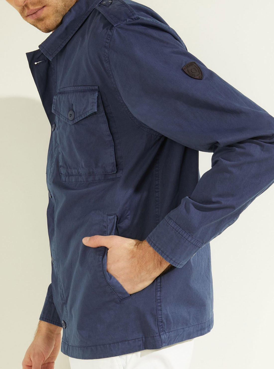 GUESS Mens Navy Washed Twill Military Cargo Jacket M2GL02WEIR0 Detail View