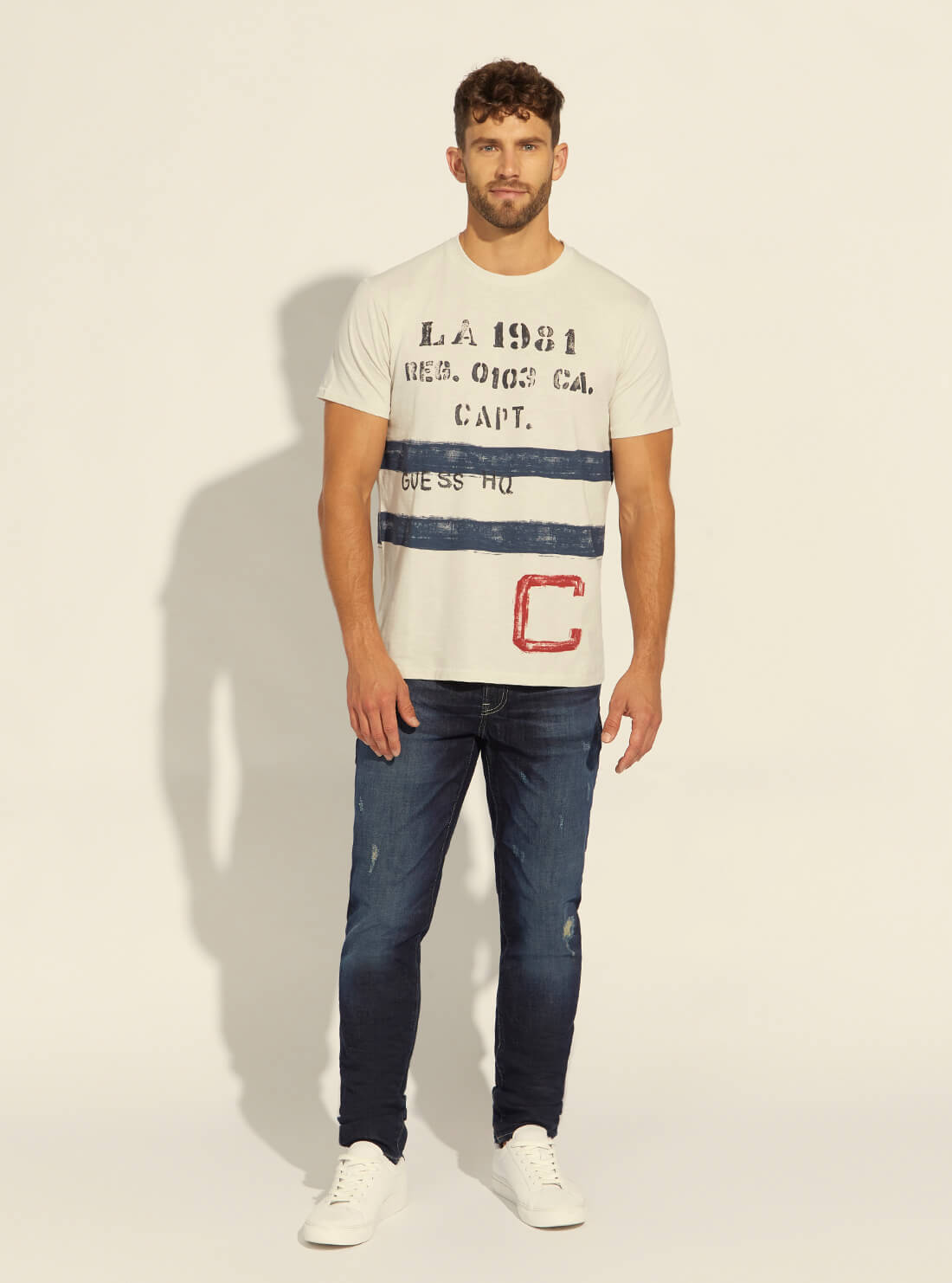 GUESS Mens Muted Stone White Stency T-Shirt M2RI12K6XN0 Model Full View