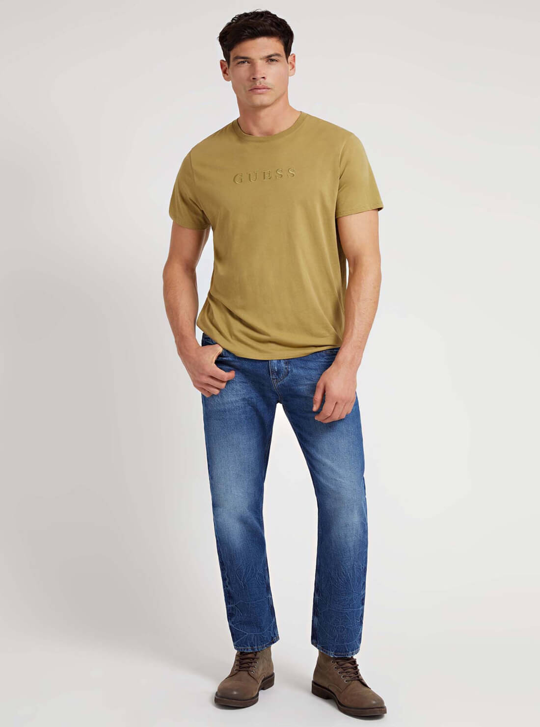 GUESS Mens Mustard Green Pima Logo Crew Neck Tee M82P64R7HD0 Full View