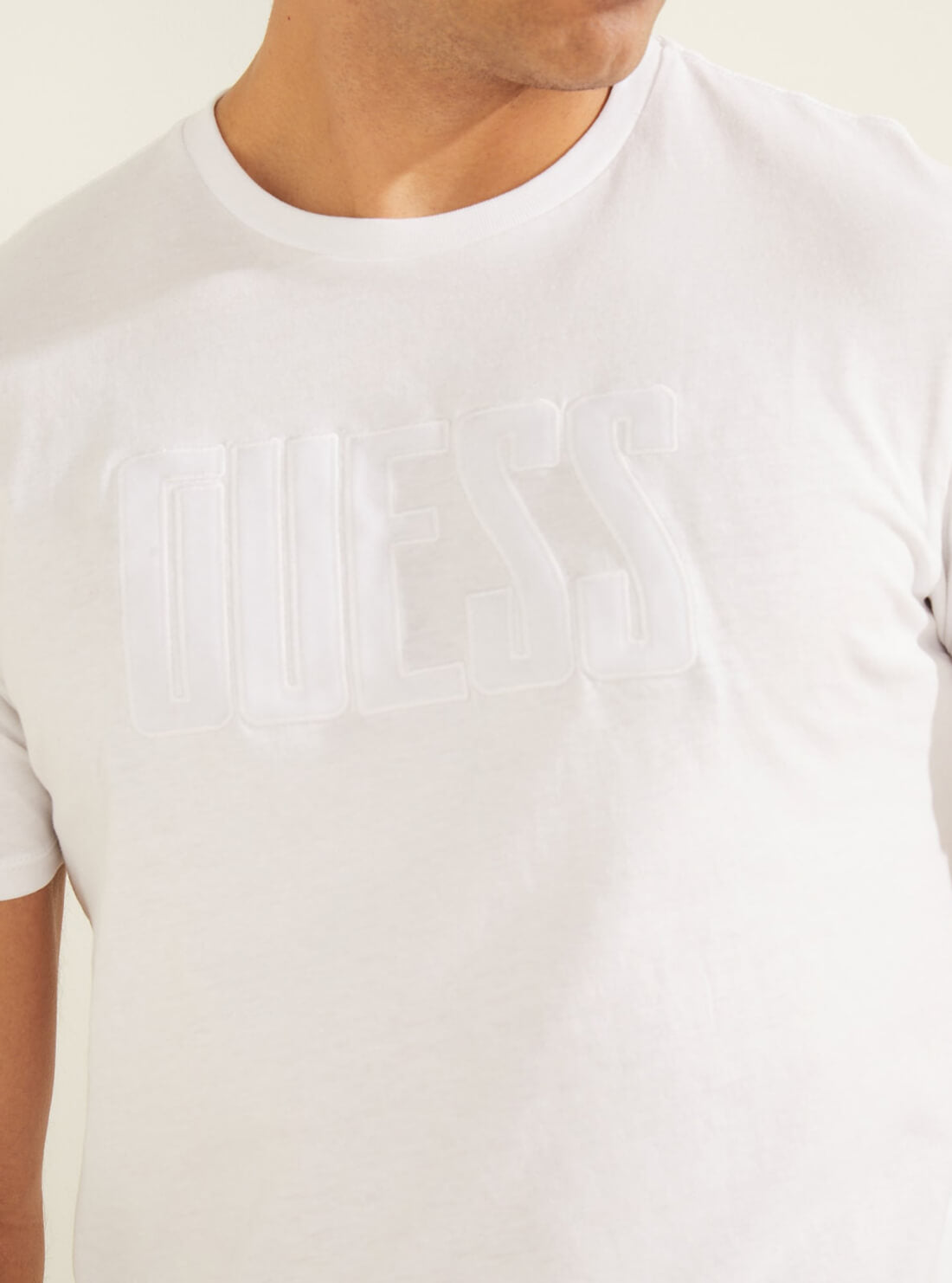 GUESS Mens Eco White Velvet Applique Logo T-Shirt MBRI25KAVR5 Detail View