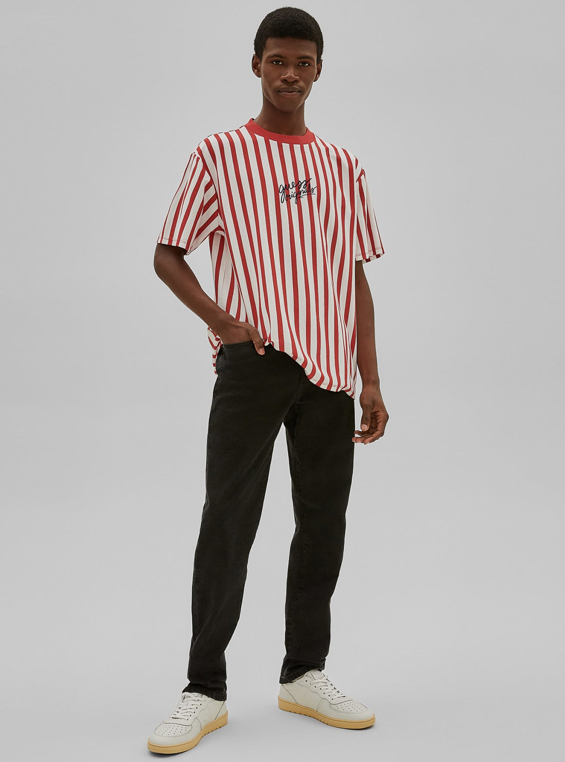GUESS Mens GUESS Originals Aven Red Stripe T-shirt M1RP01K9Y40 Full View