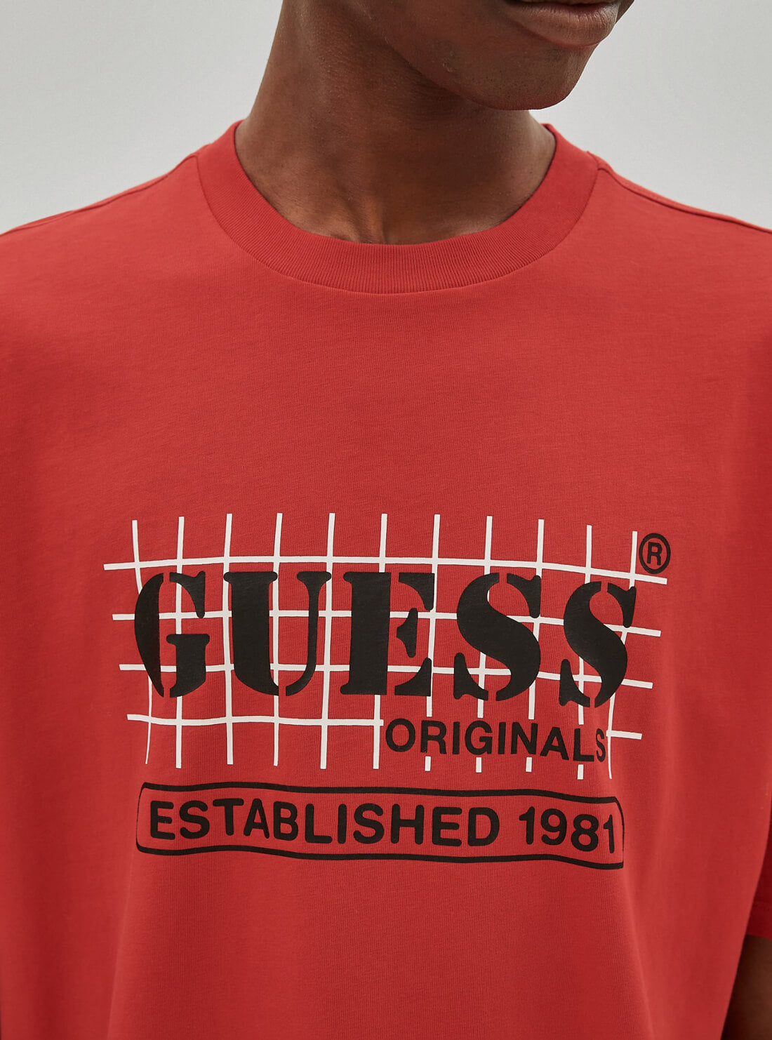 GUESS Mens Guess Originals Red Grid Logo T-Shirt M1RI00K9Y40 Detail View