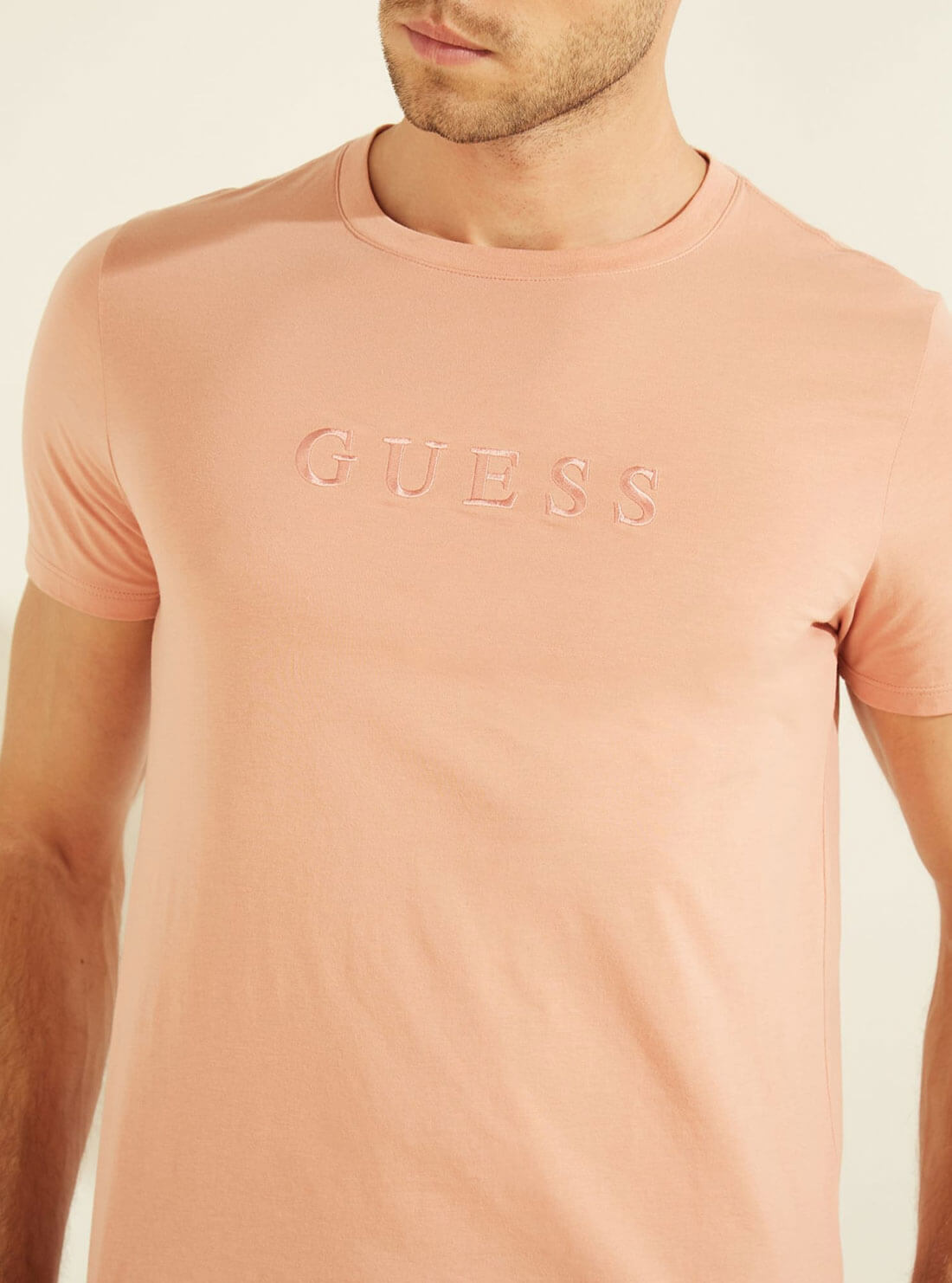 GUESS Mens Satin Rose Orange Pima Logo Crew Neck Tee M82P64R7HD0 Detail View