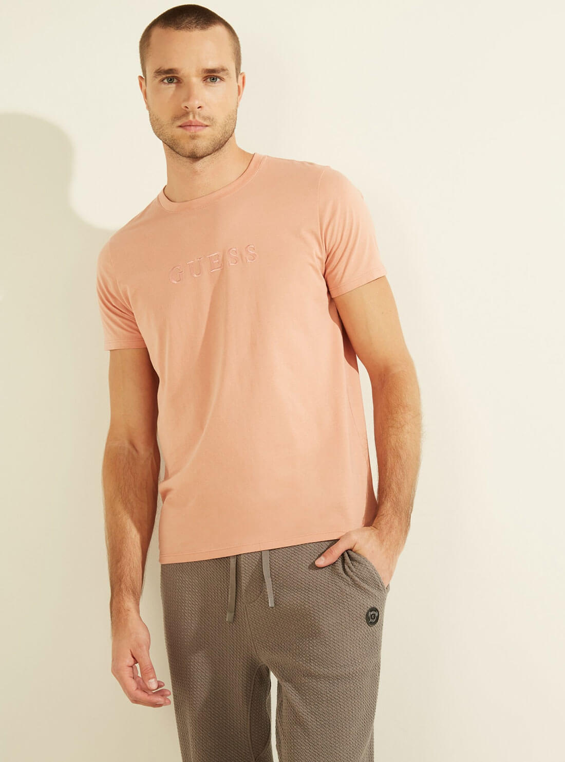 GUESS Mens Satin Rose Orange Pima Logo Crew Neck Tee M82P64R7HD0 Front View