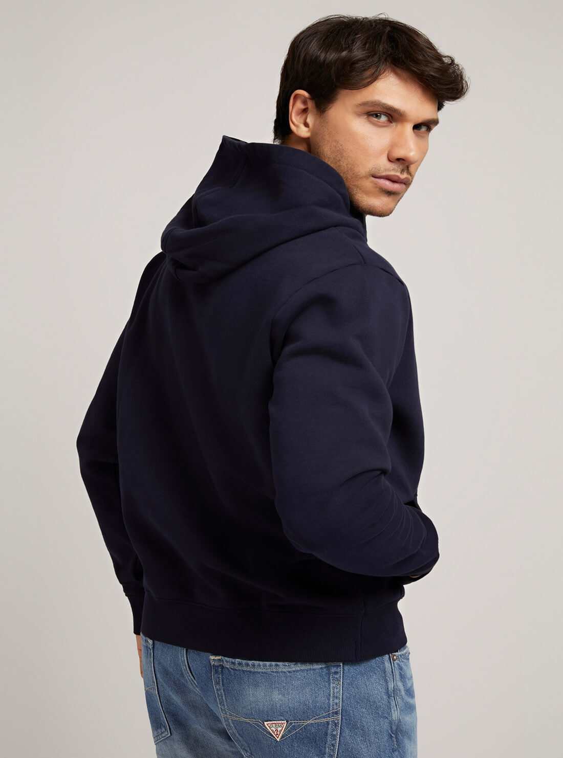 GUESS Mens Smart Blue Clive Fleece Hoodie M2RQ01KAUK0 Model Back View
