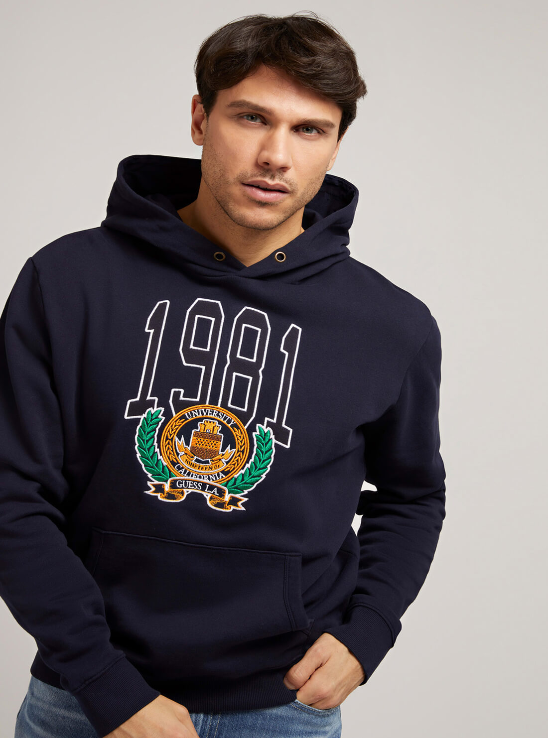 GUESS Mens Smart Blue Clive Fleece Hoodie M2RQ01KAUK0 Model Front View
