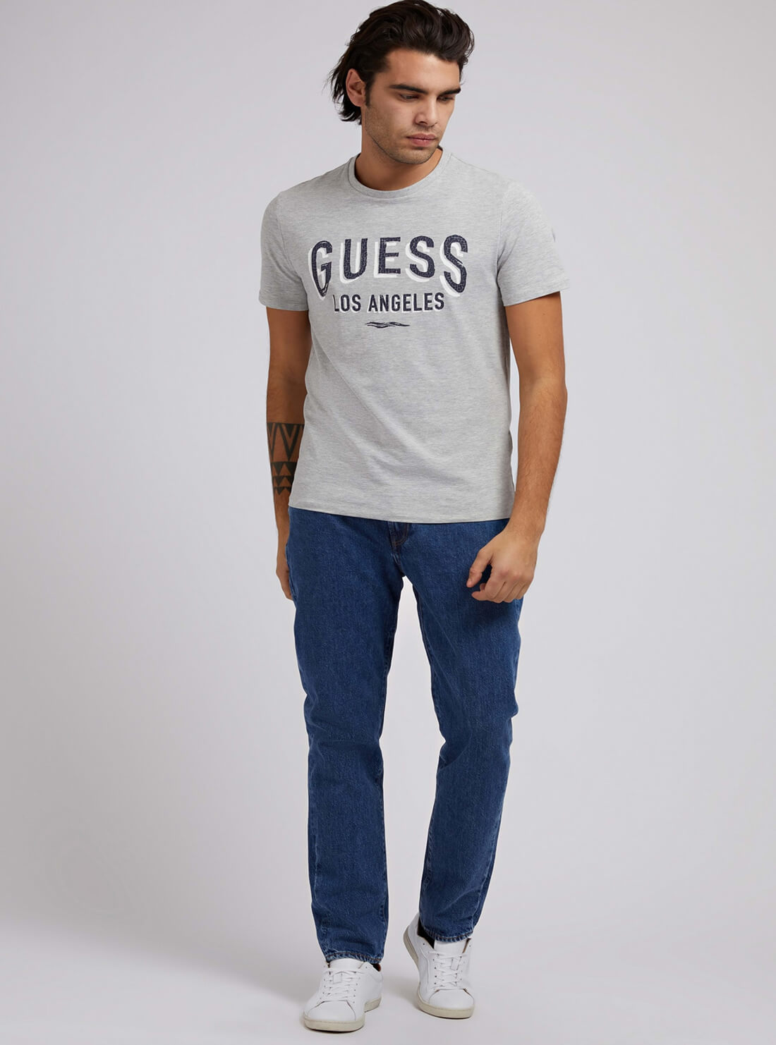 GUESS Mens Eco Grey Signboard Logo T-Shirt M2RI18J1311 Full View
