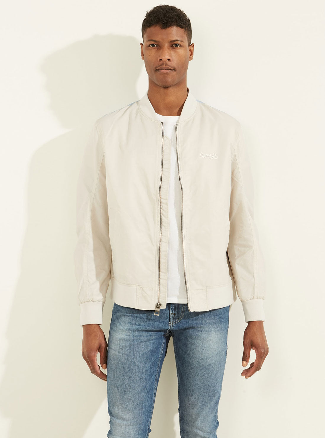 GUESS Mens Stone White Exo Nylon City Bomber Jacket M2GL03W8550 Front View