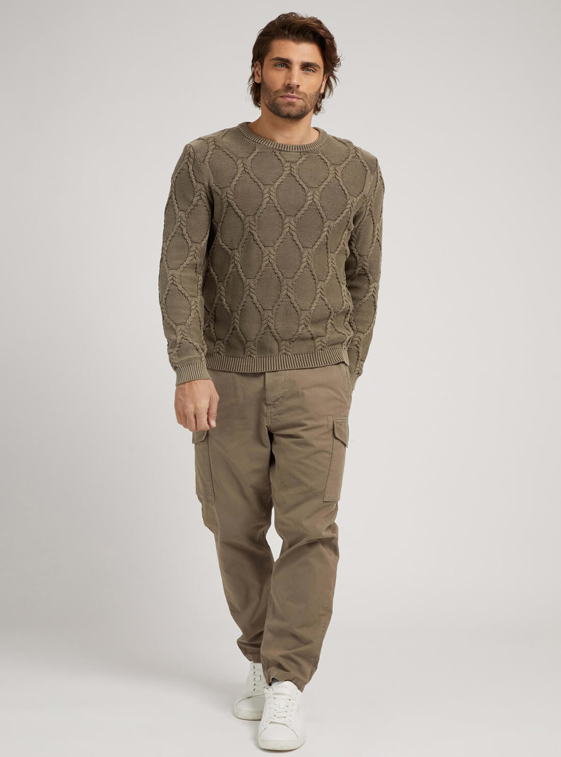 GUESS Mens Walnut Dawson Wash Cable Knit Sweater M1RR03Z1CX2 Model Full View
