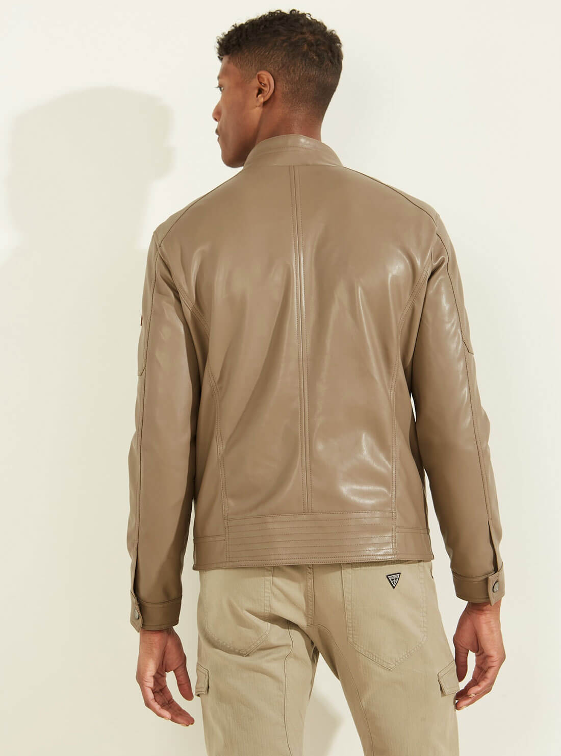 GUESS Mens Walnut Shell Brown Faux Leather Biker Jacket M2GL10WE480 Back View