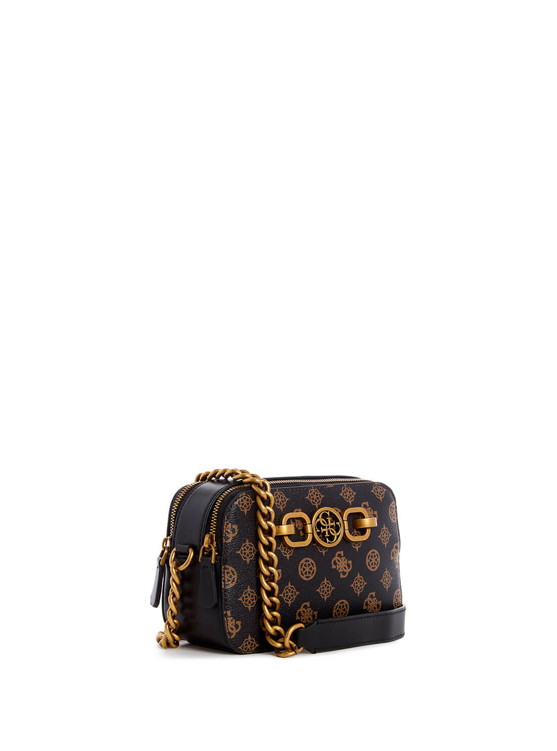 GUESS Womens  Black Brown Noelle Crossbody Camera Bag PB787914 Front Side View
