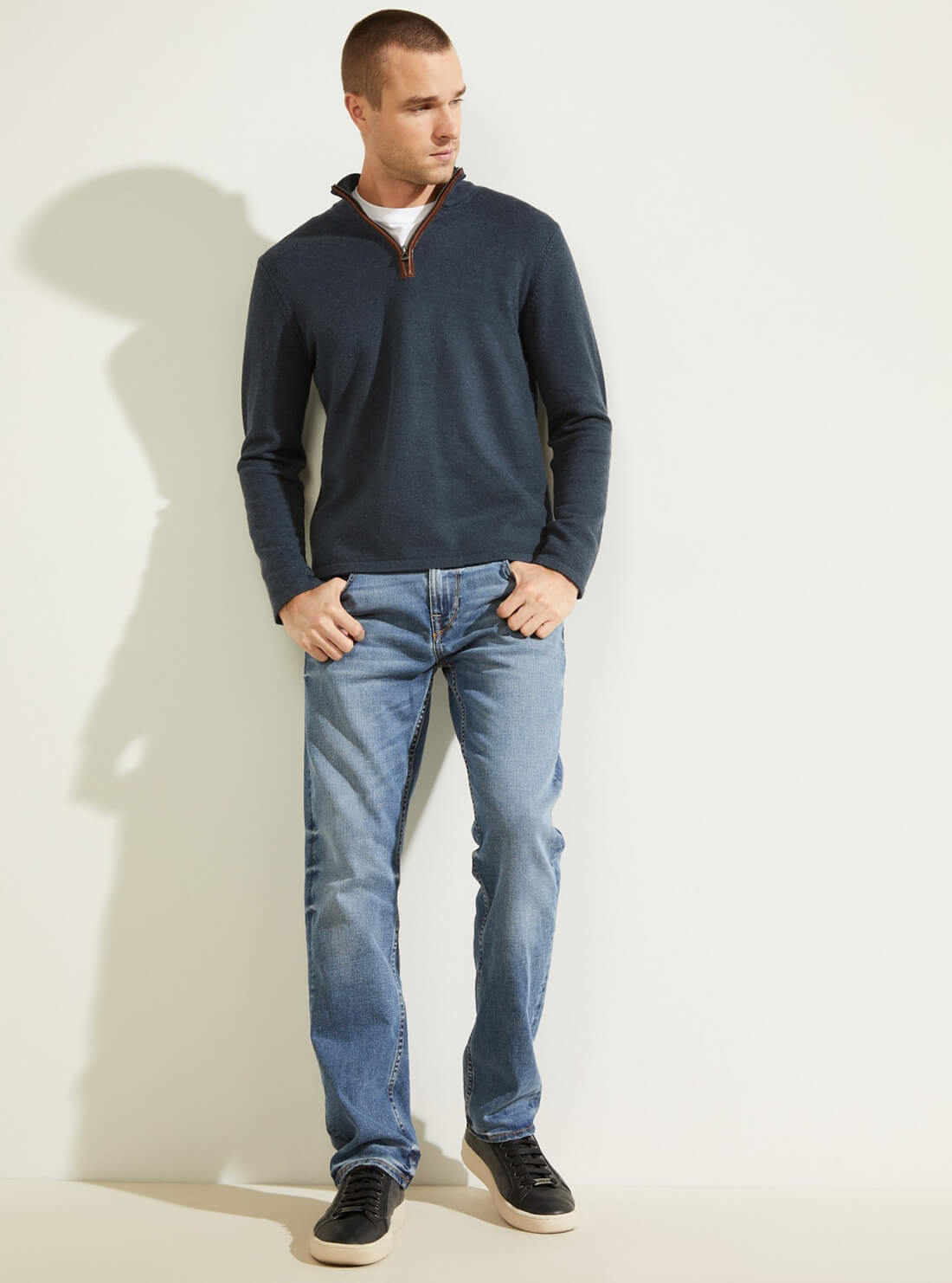 GUESS Mens Navy Blue Mock Knit Sweater M1BR05R2MK1 Model Full View