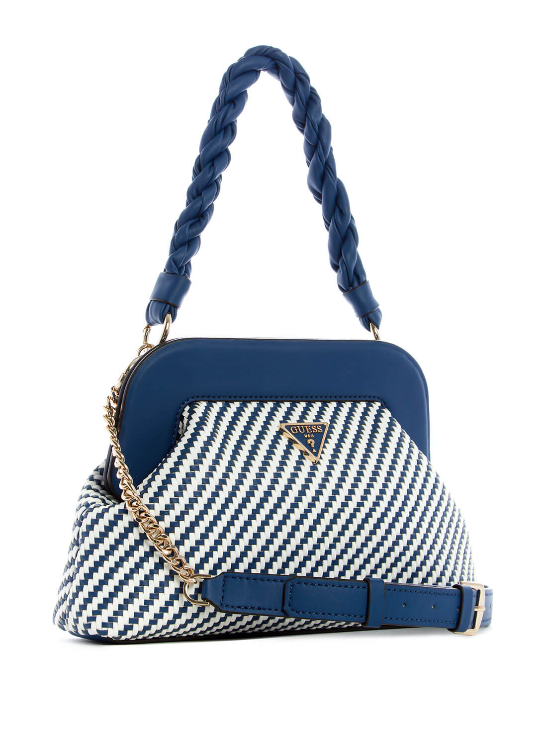 GUESS Womens Navy Woven Hassie Frame Crossbody Bag VG839717 Side View