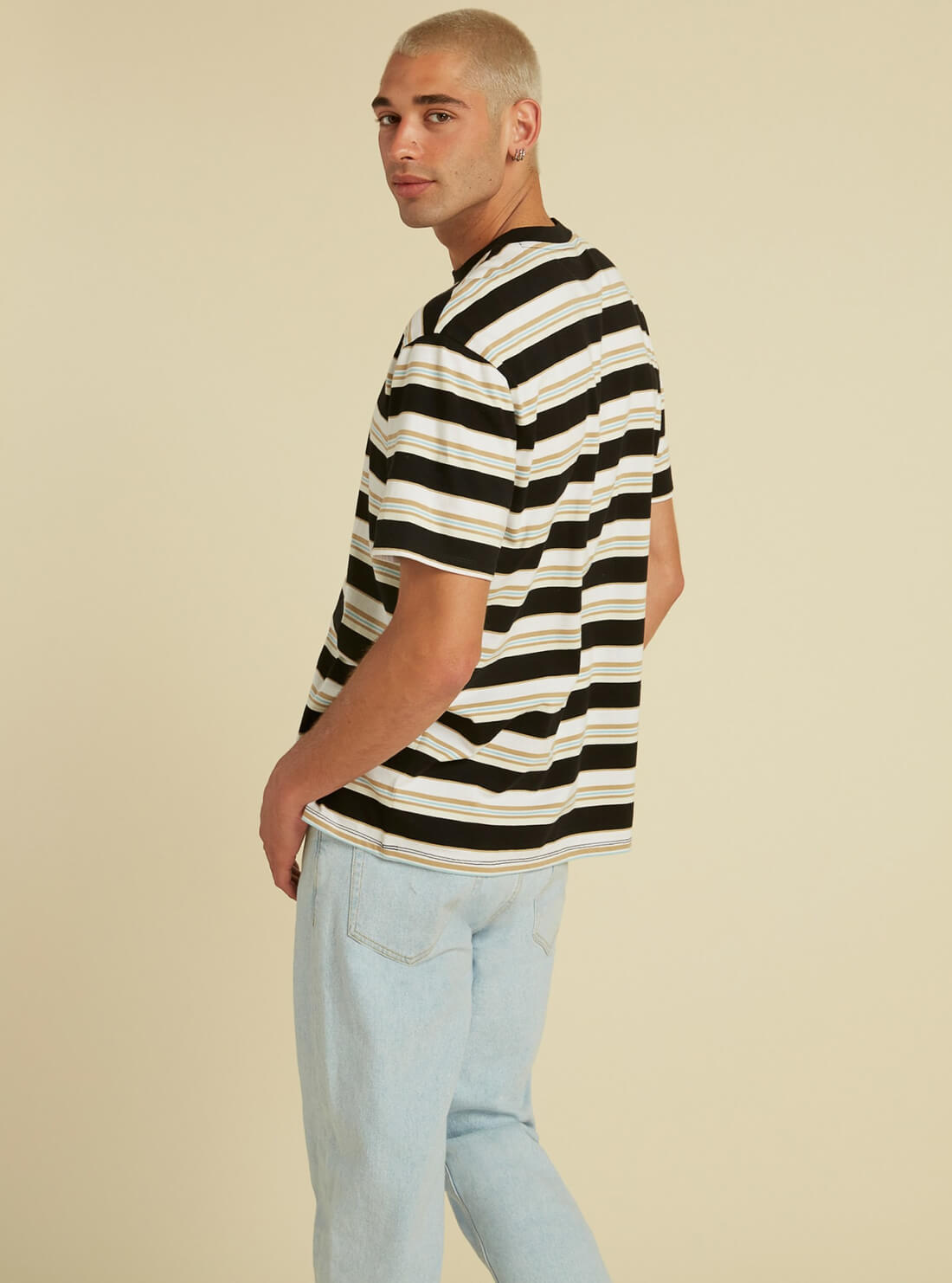 GUESS Mens GUESS Originals Black Tan Rogers Striped T-Shirt M1YI10R9XF6 Back View