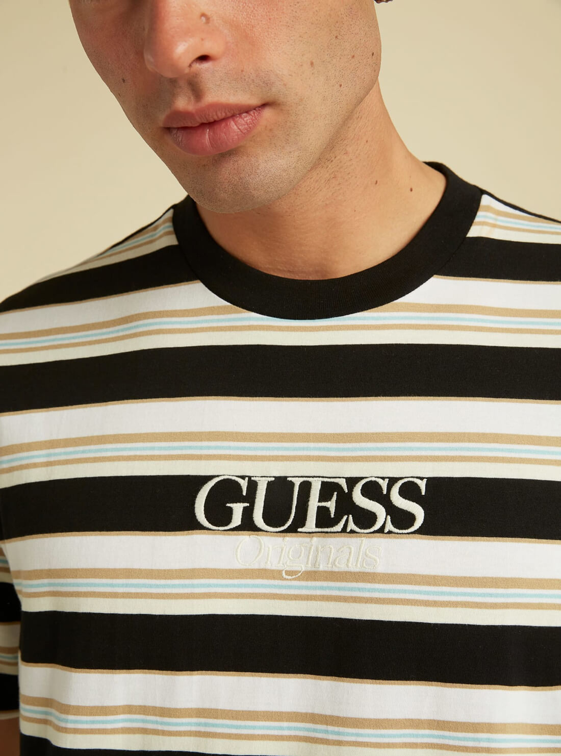 GUESS Mens GUESS Originals Black Tan Rogers Striped T-Shirt M1YI10R9XF6 Detail View