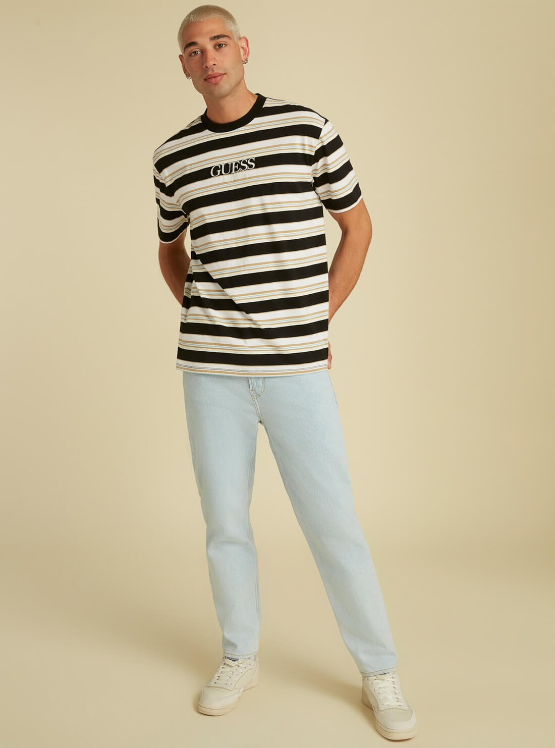 GUESS Mens GUESS Originals Black Tan Rogers Striped T-Shirt M1YI10R9XF6 Full View
