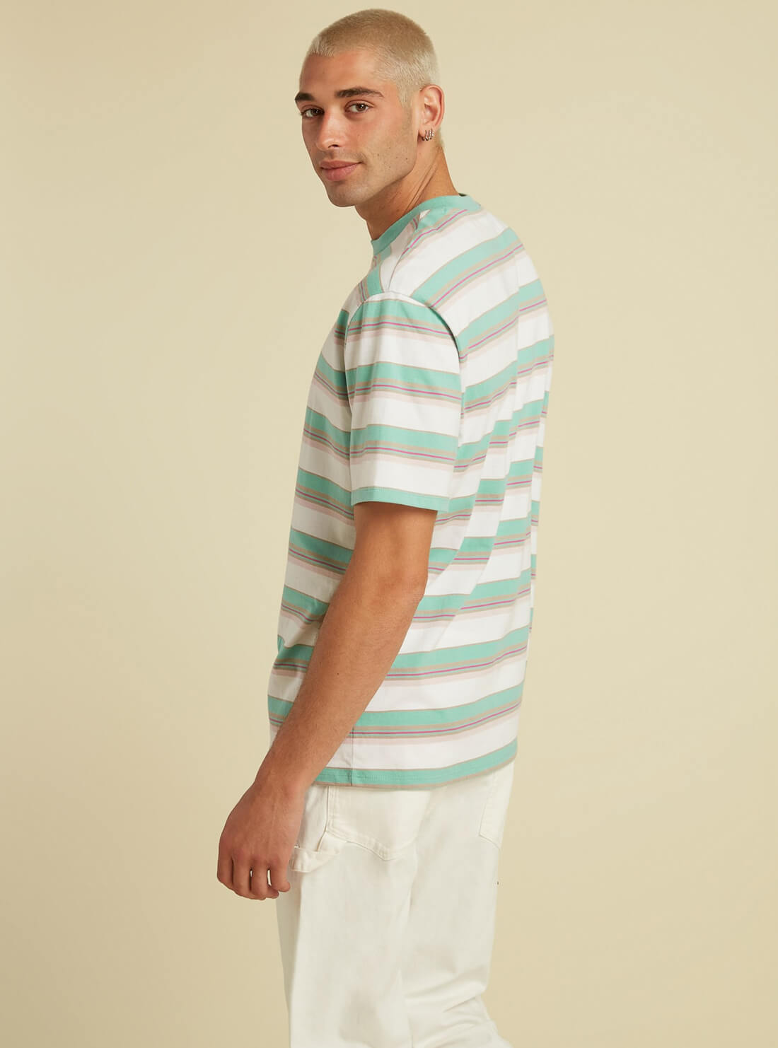 GUESS Mens GUESS Originals Oat Green Rogers Striped T-Shirt M1YI10R9XF6 Back View