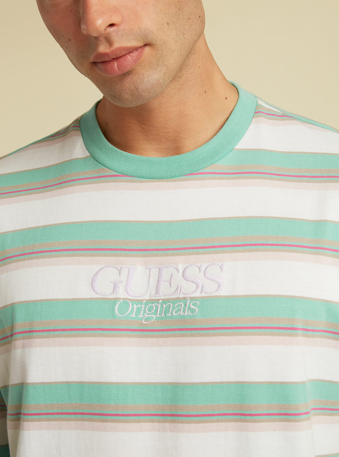 GUESS Mens GUESS Originals Oat Green Rogers Striped T-Shirt M1YI10R9XF6 Detail View