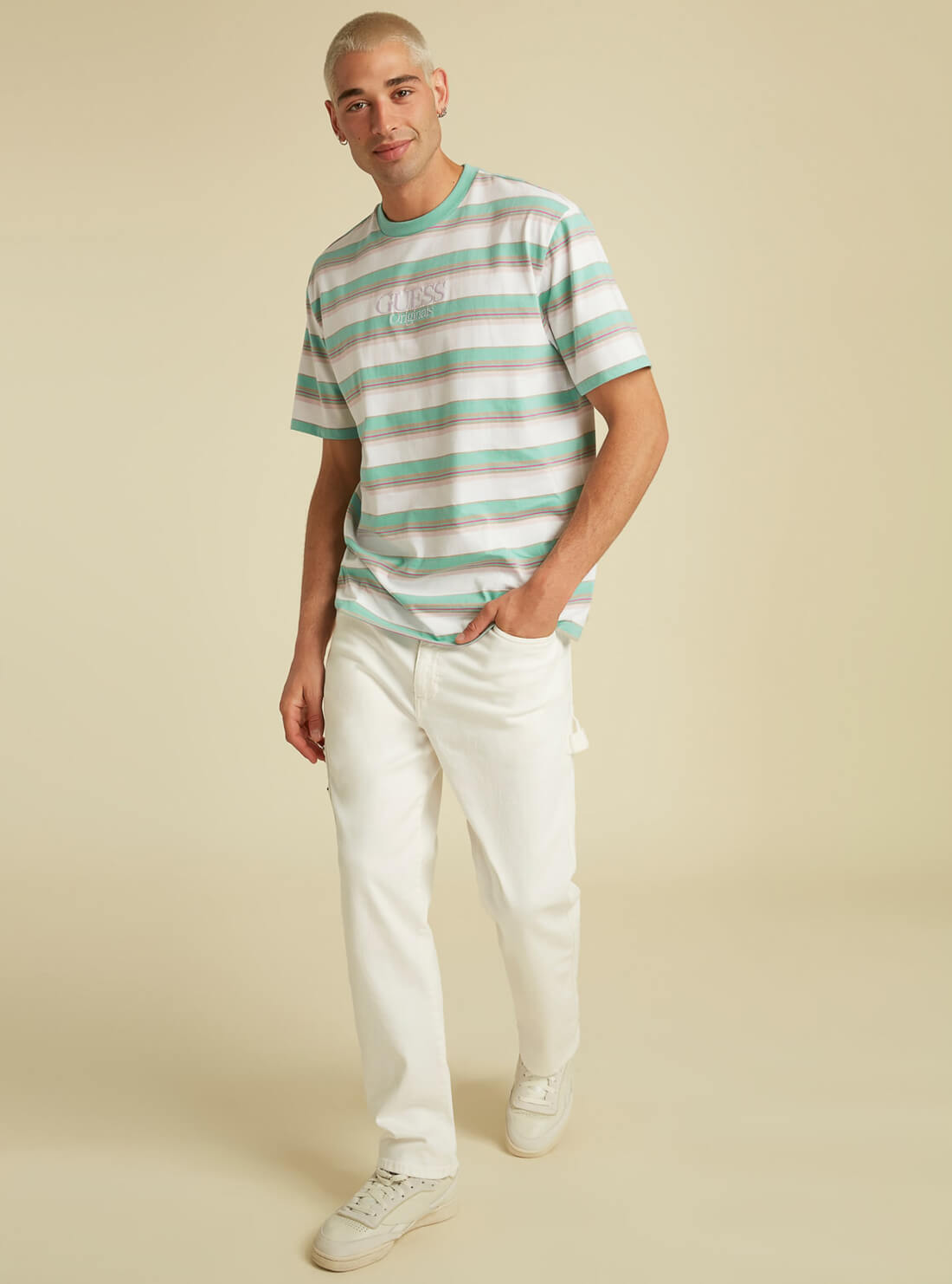 GUESS Mens GUESS Originals Oat Green Rogers Striped T-Shirt M1YI10R9XF6 Full View