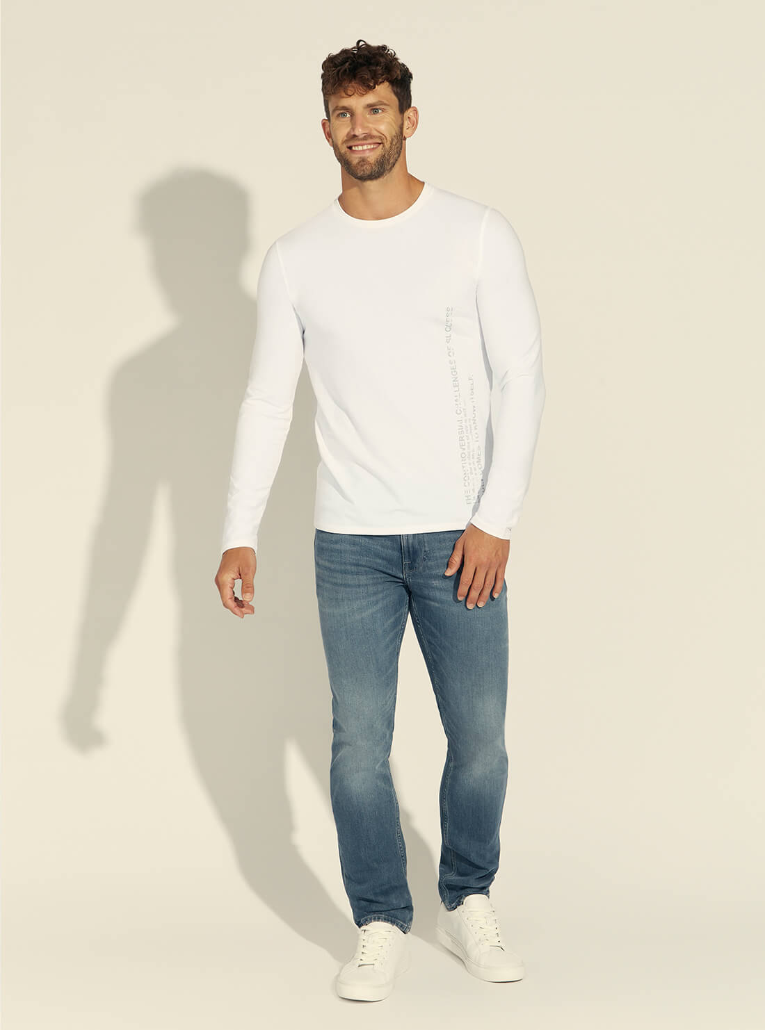 GUESS Mens White Overlay Logo Long Sleeve T-Shirt M1BI36J1311 Full View