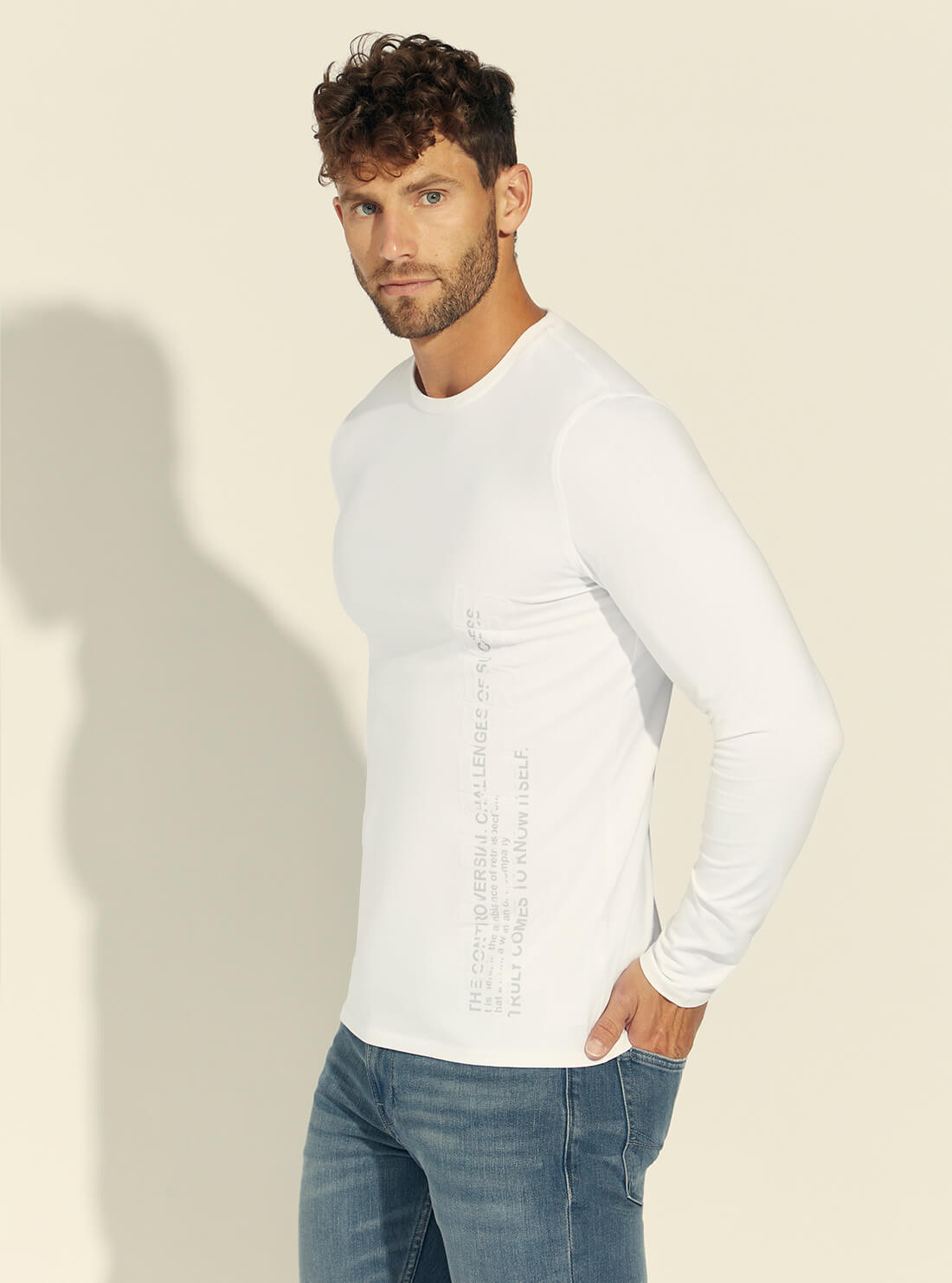 GUESS Mens White Overlay Logo Long Sleeve T-Shirt M1BI36J1311 Side View