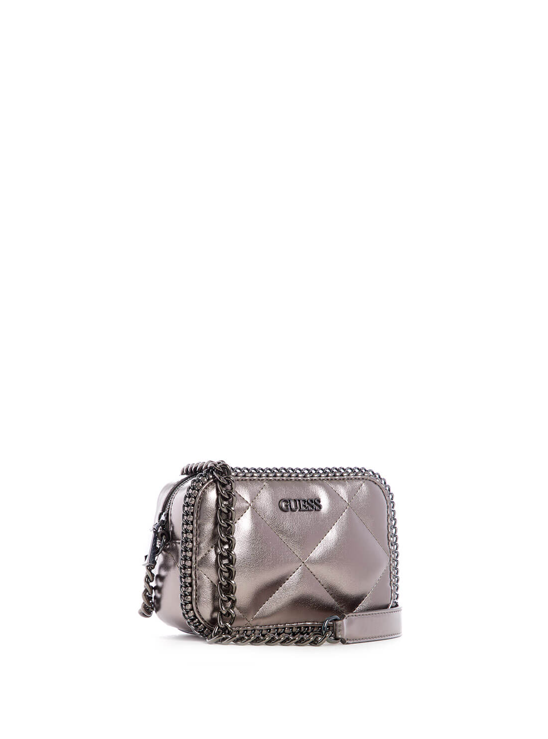 GUESS Womens  Metalic Pewter Quilted Khatia Crossbody Camera Bag MM838114 Front Side  View