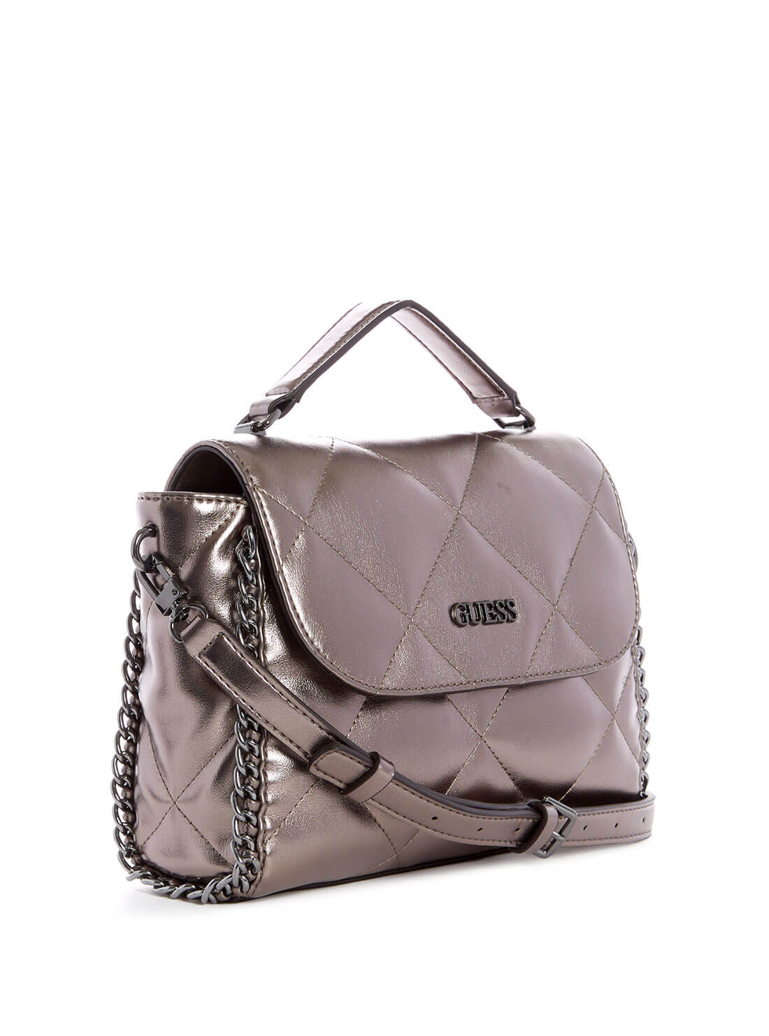 GUESS Womens  Metallic Pewter Quilted Khatia Satchel MM838120 Front Side View