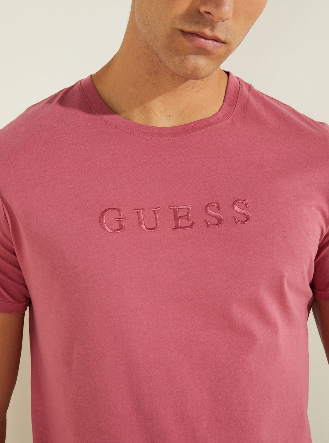 GUESS Mens Pink Pima Logo Crew Neck Tee M82P64R7HD0 Detail View