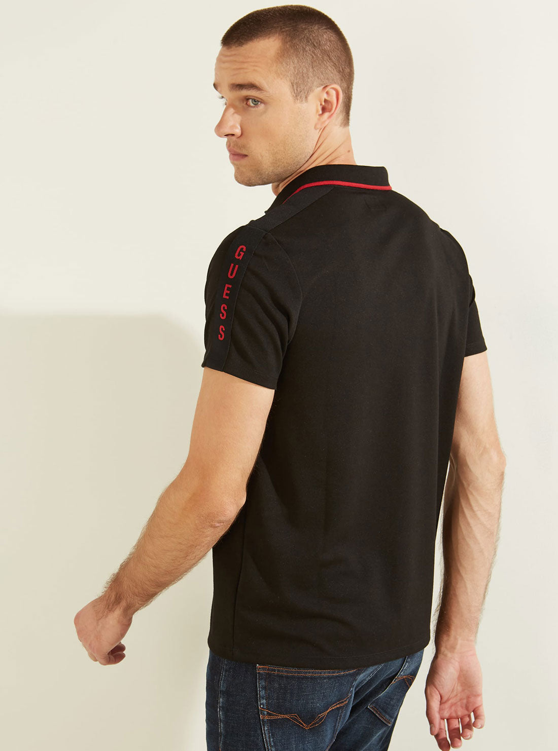 GUESS Mens Black Pique Logo Taping Polo T-Shirt M91P71R7PU0 Back View
