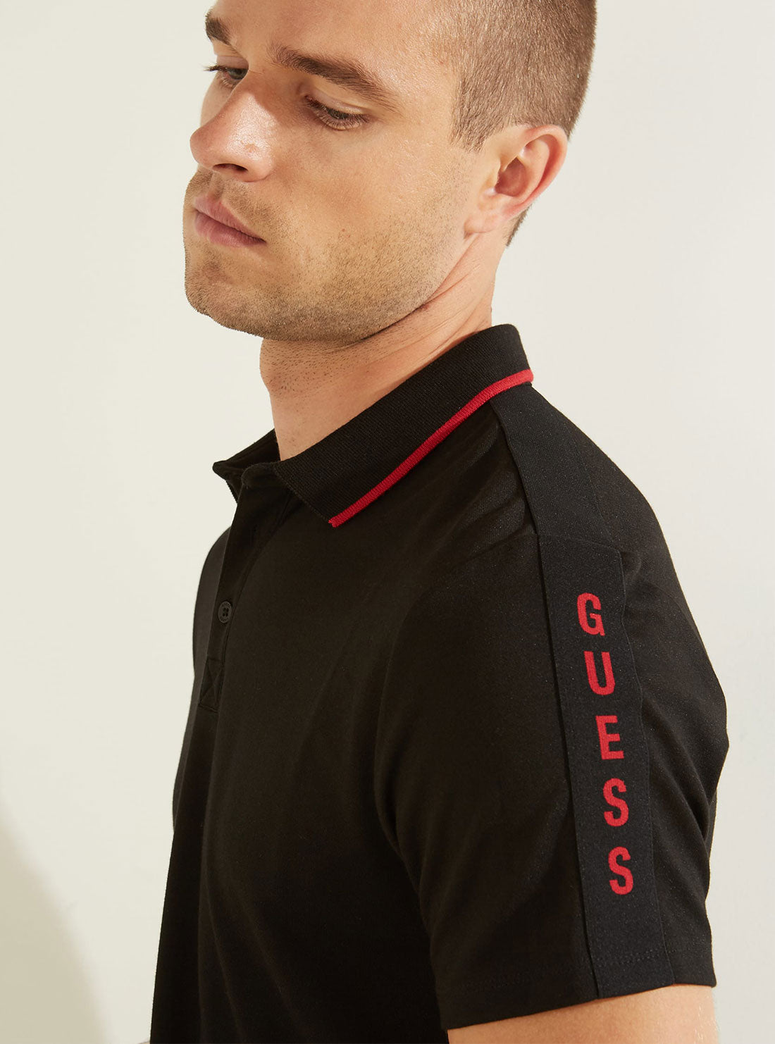 GUESS Mens Black Pique Logo Taping Polo T-Shirt M91P71R7PU0 Detail View