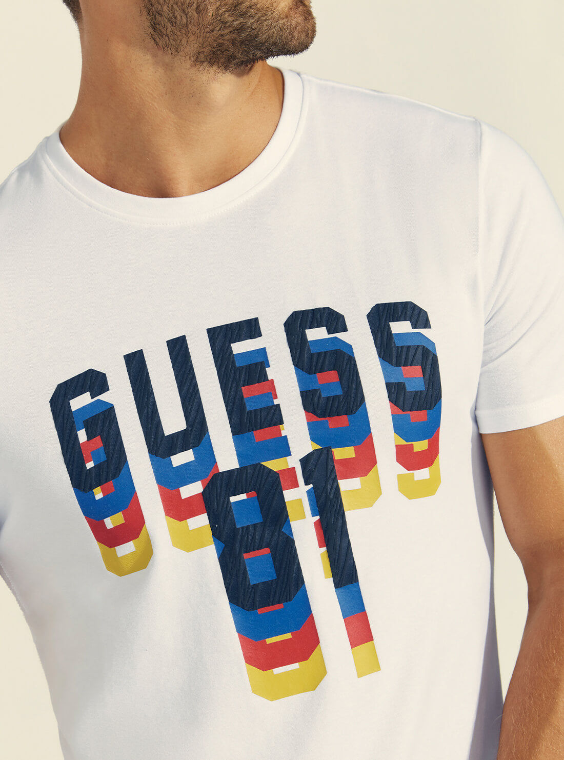 GUESS Mens White Dripping Logo T-Shirt M1BI37J1311 Detail View