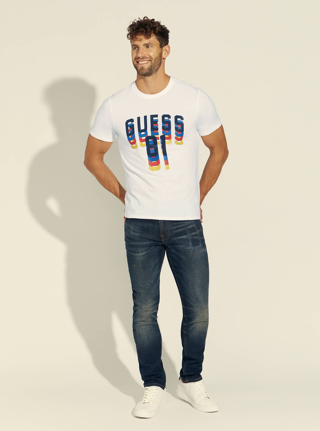 GUESS Mens White Dripping Logo T-Shirt M1BI37J1311 Full View