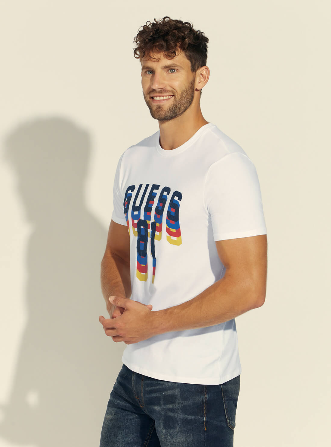 GUESS Mens White Dripping Logo T-Shirt M1BI37J1311 Side View