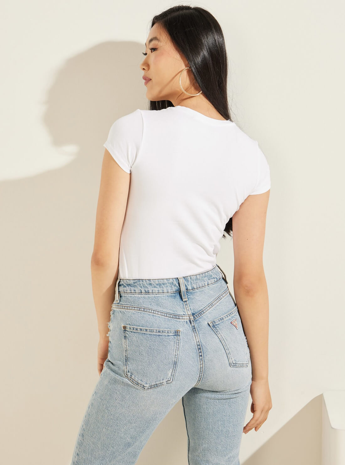 GUESS Pure White Love GUESS Rhinestone Womens T-Shirt Back Back View