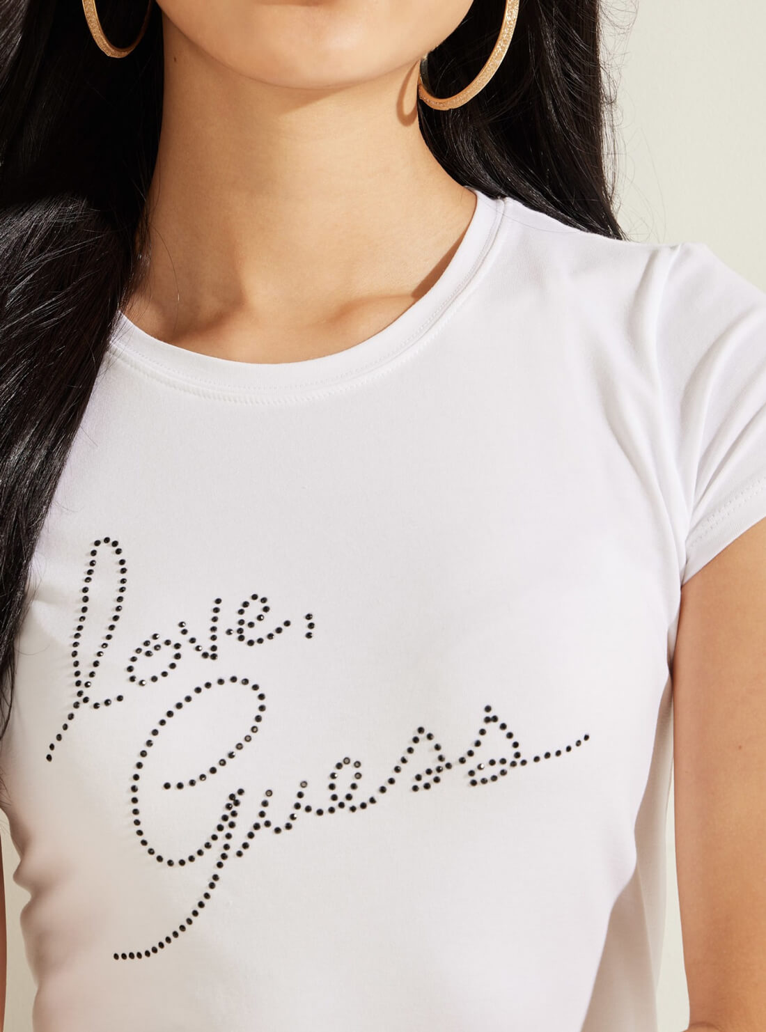 GUESS Womens White Love GUESS Rhinestone T-Shirt W1BI38KAKZ1 Detail View