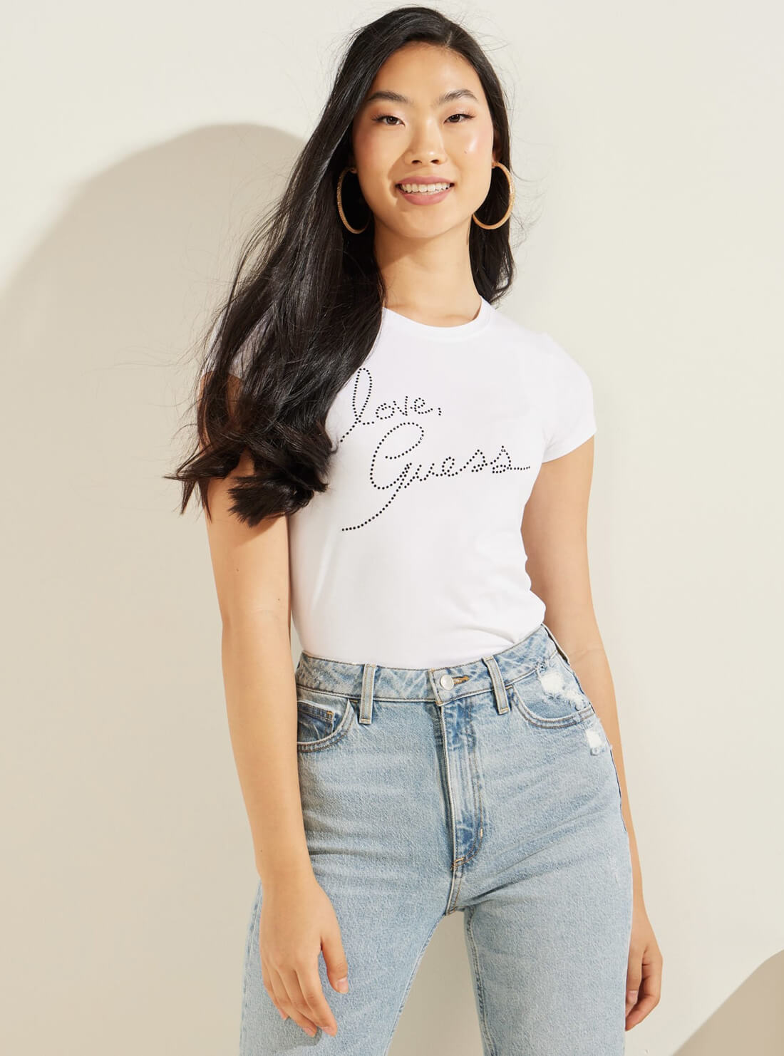 GUESS Womens White Love GUESS Rhinestone T-Shirt W1BI38KAKZ1 Front View
