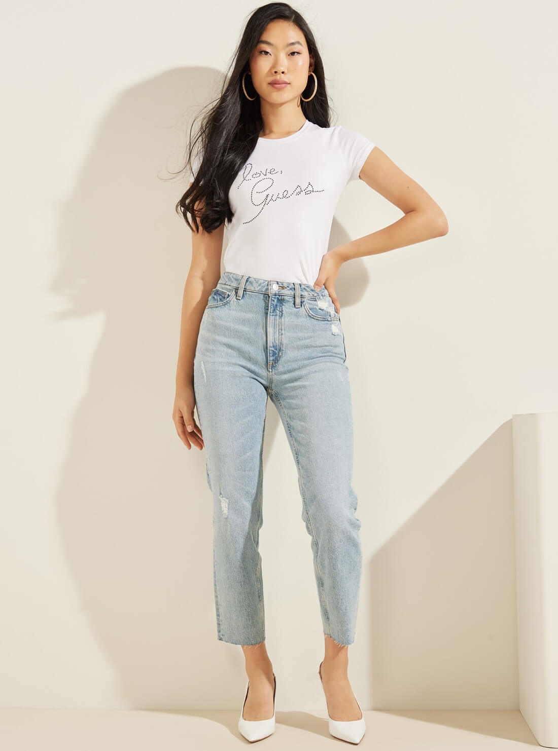 GUESS Womens White Love GUESS Rhinestone T-Shirt W1BI38KAKZ1 Full View
