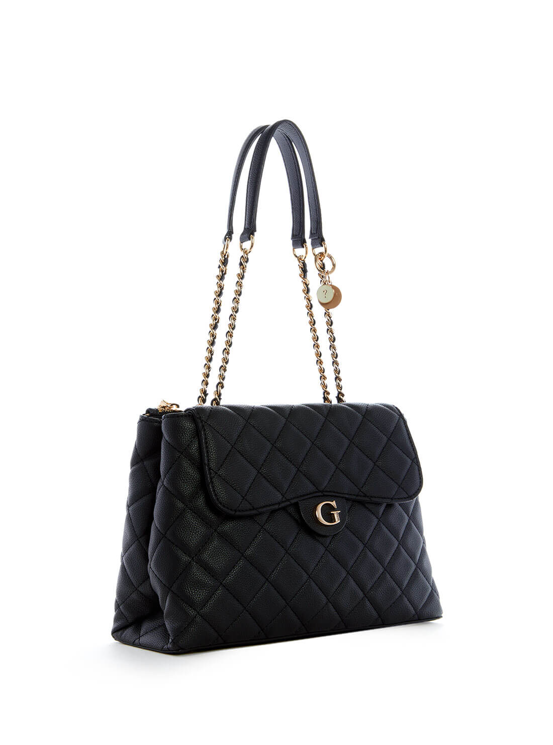 GUESS Womens Black Quilted Gillian High Society Satchel QG839406 Front Side View