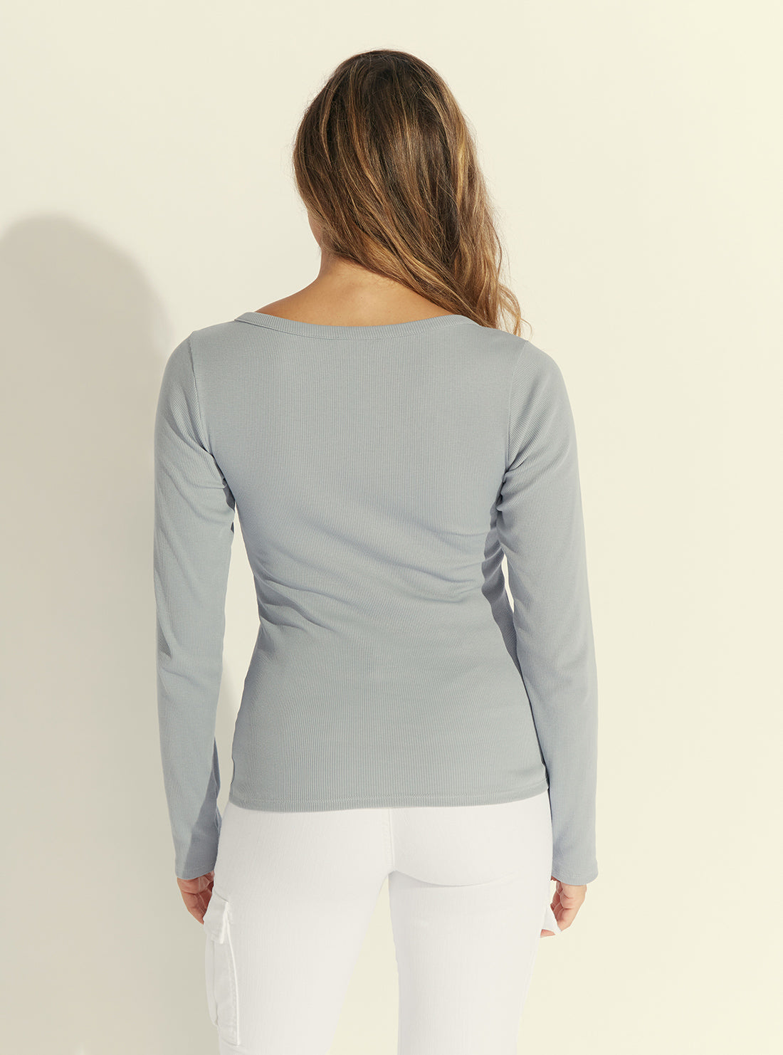 GUESS Womens Eco Dust Blue Rhinestone Logo Henley Top W0BP1SR9I51 Back View