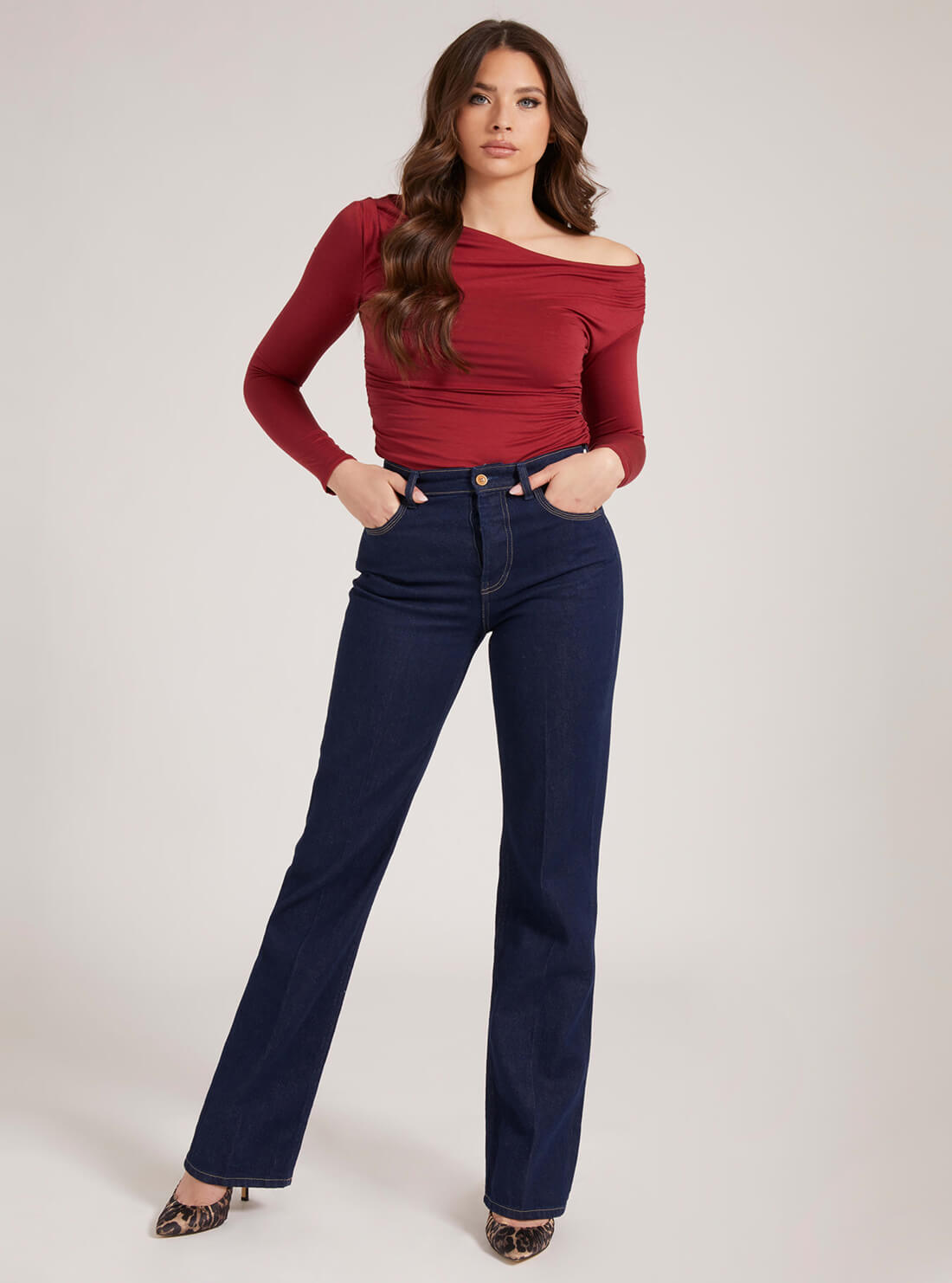 GUESS Womens Red  Issa Off-Shoulder Top W1BP33K1K91 Full View