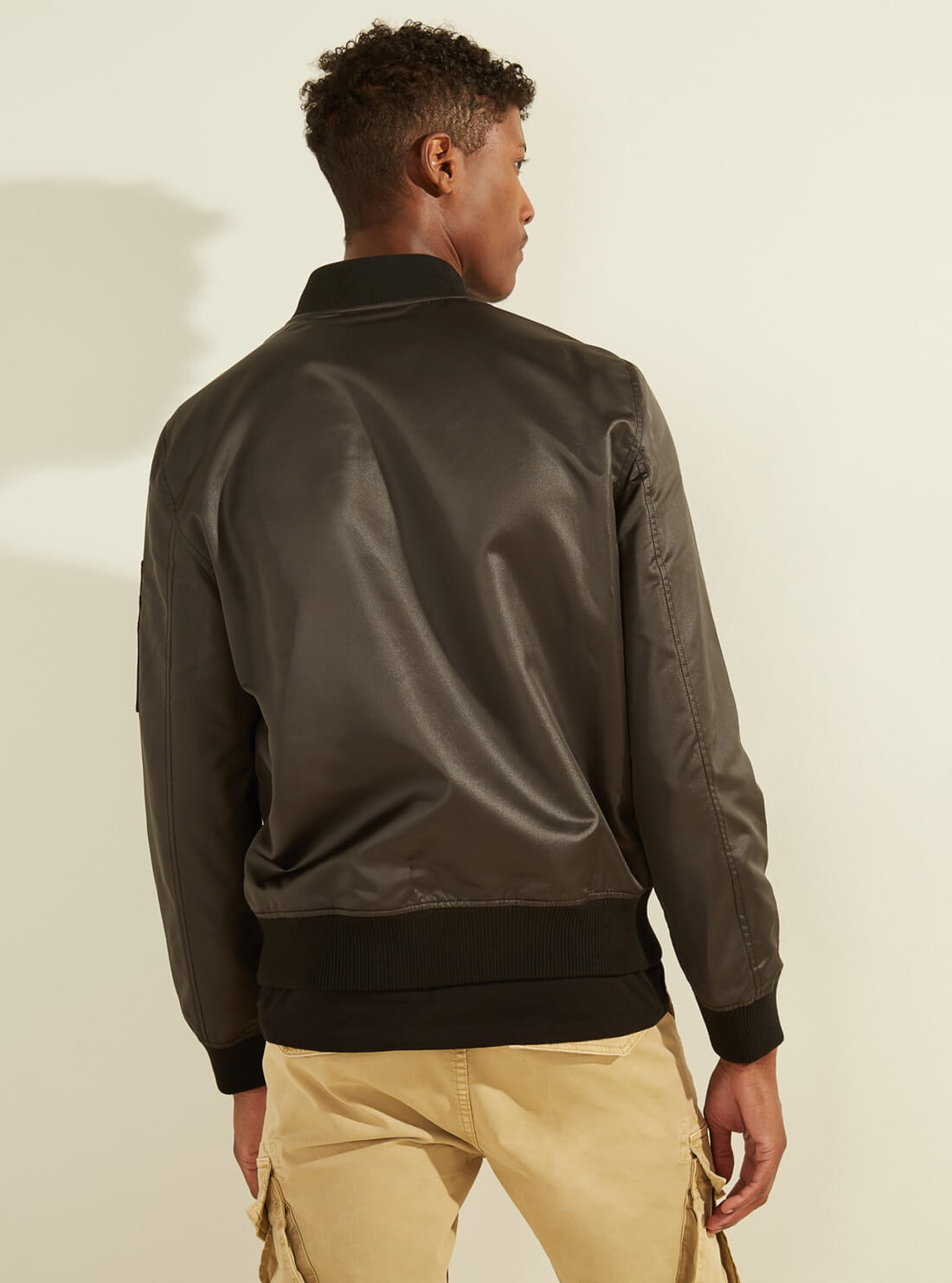 GUESS Mens Black Satin Bomber Zip-Front Jacket M1GL01R81M2 Model Back View