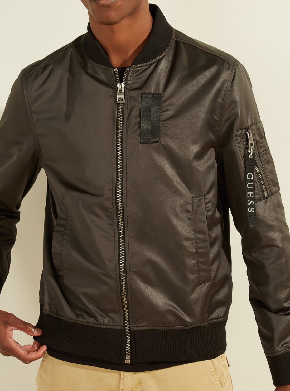 GUESS Mens Black Satin Bomber Zip-Front Jacket M1GL01R81M2 Model Detail View