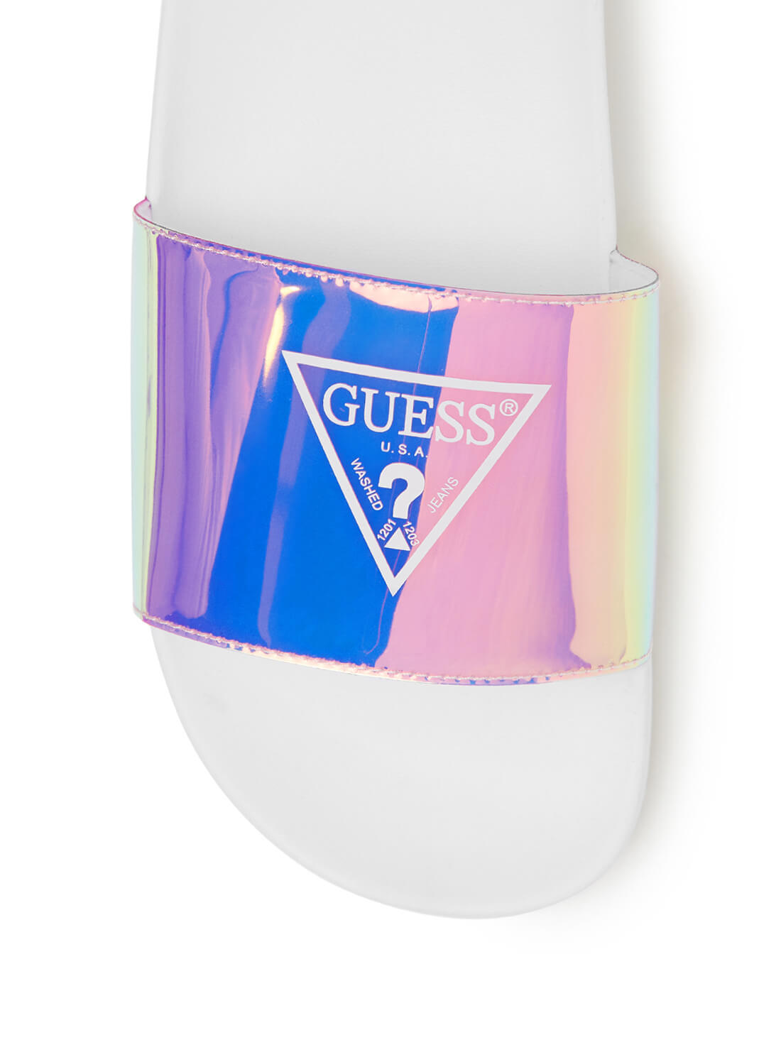 GUESS Womens Silver Iridescent Savan Pool Slides SAVAN6 Top View